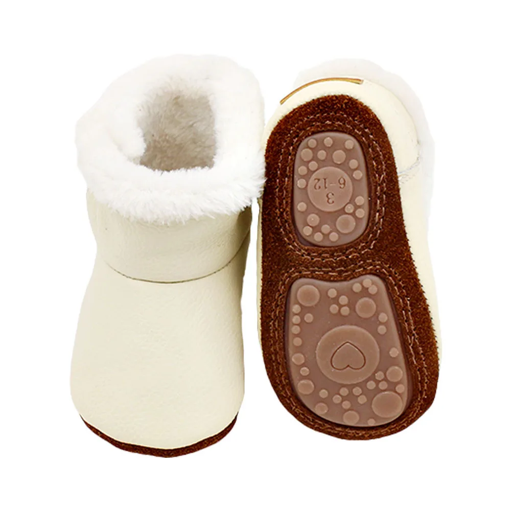 leather beige Детская зимняя куртка модная Натуральная кожа, ботинки на толстом меху с подкладкой для новорожденных; Теплые Зимние ботиночки из твердой резины первые ходунки-ботинки без застежки - Цвет: leather beige