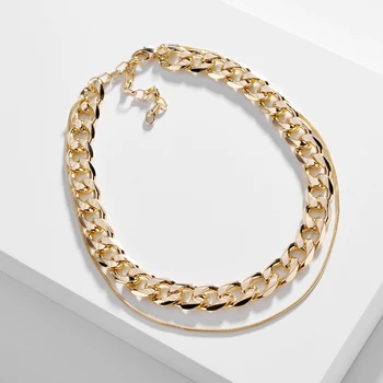 

ZFYIN Fashion Jewelry Double Layered Flat Curb Chains Necklace-Cooper Casting Snake Chain Chunky Layering Necklaces for Women