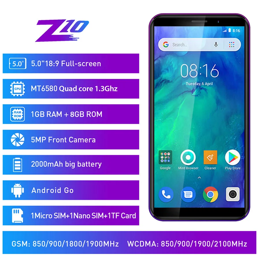 LEAGOO Z10 Android мобильный телефон 5," 18:9 полный экран 1 Гб ОЗУ 8 Гб ПЗУ MT6580 четырехъядерный 2000 мАч 5 Мп камера Две sim-карты 3G Sma