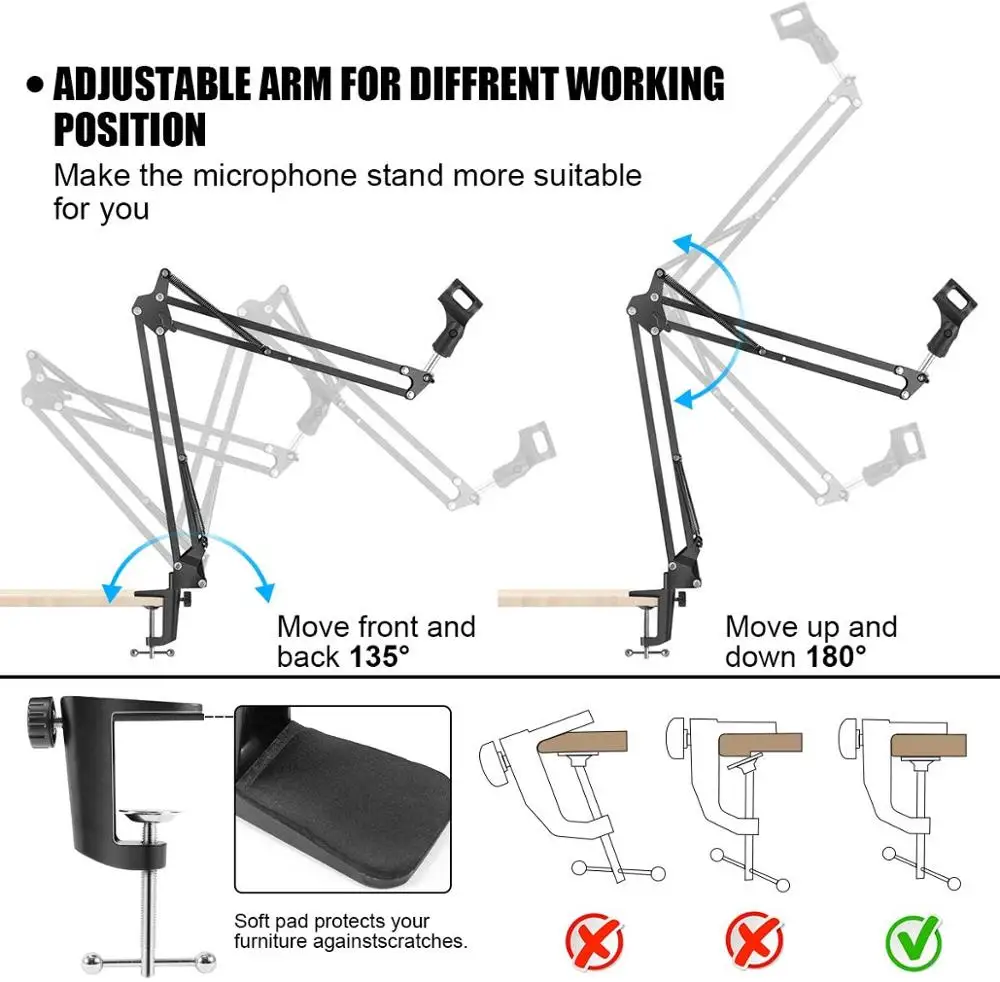 Microphone Stand Mic arm Desk Adjustable Suspension Boom Scissor Blue Yeti Snowball & Other Mics Professional Streaming microphone stand