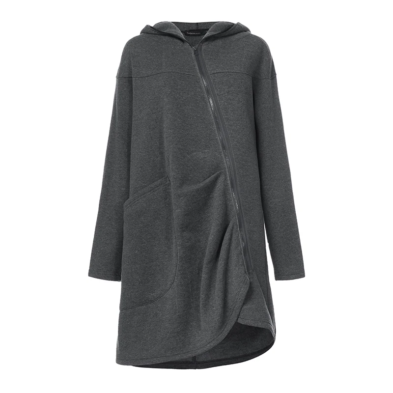Cellumia, зимние длинные пуловеры, модные женские ассиметричные толстовки с капюшоном, повседневные свободные толстовки с карманами на молнии, топы с капюшоном размера плюс - Color: Dark grey
