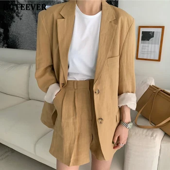 

BGTEEVER Summer 2 Pieces Set Chic Long Sleeve Single-breasted Women Blazer & Female Shorts Suits High Waist Loose Short Pants