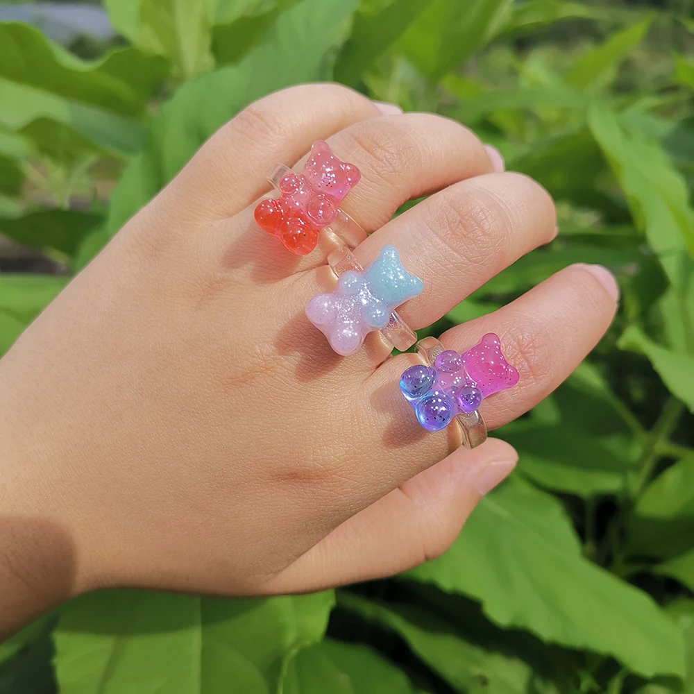 Last Lady Fashion Candy Colors Women's Rings Transparent Resin Cute Bear Creativity Jewelry Party Accessories finger ring,jewelry accessories,badminton t shirt