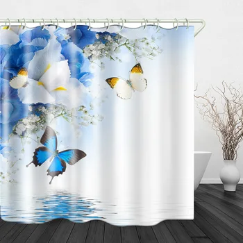 

1Pc Blue Butterfly Pattern Simple Bath Curtain Fashion Waterproof Shower Curtain for Home Bathroom Dormitory 150x180cm