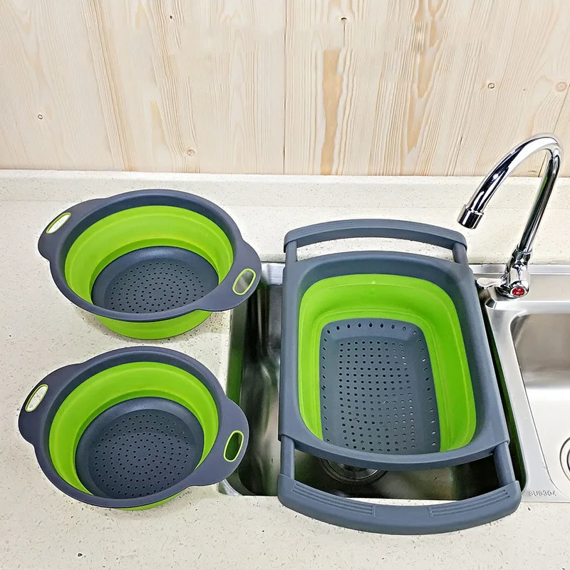 

3 Piece Telescopic Foldable Drain Basket 3 Piece Set Square Drain Basket Round Drain Basket Washing Basket Kichen Accessories