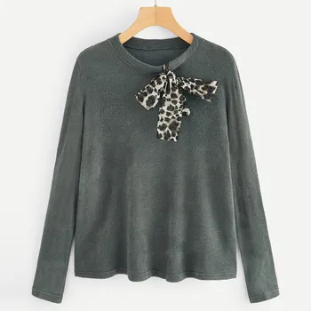 

Fashsiualy Army Green Korean Fashionable Leopard Bow Tops Women's Sweater Thick Needle Long Sleeve O-Neck Pullover Sweater #813
