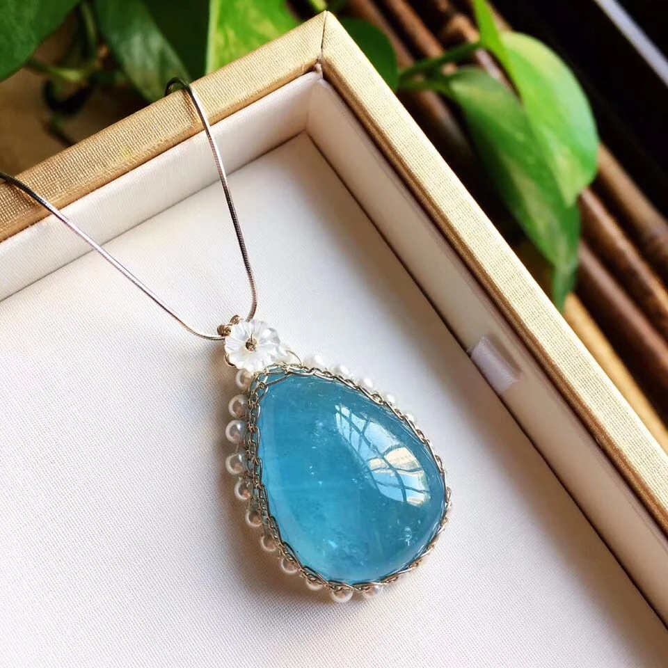 

Natural Blue Clear Aquamarine Women Man Pendant 31x22x12mm 18K Gold Water Drop Gift Pearl Beads Stone Necklace Certifiate