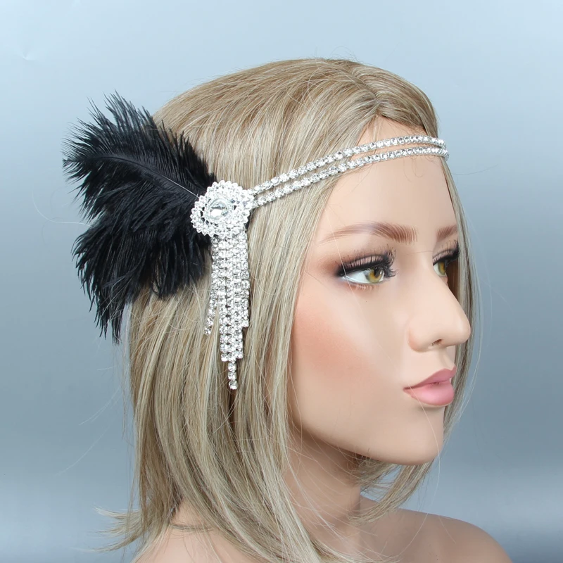 Women Vintage Feather Headband Black Rhinestone Beaded Sequin Hair Band 1920s Gatsby Party Headpiece Flapper Feather Headband