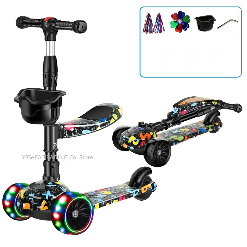 Kick Scooter for 1-10ages Kids, 4 Grade Height Adjustable Scooter with 5cm Widen Wheels, 3-in-1 Foldable Kick