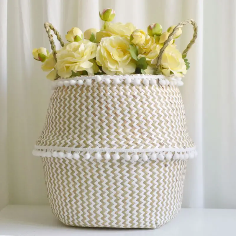 Handmade Bamboo Storage Baskets Nordic Foldable Laundry Straw Wicker Rattan Seagrass Belly Garden Flower Pot Planter Basket