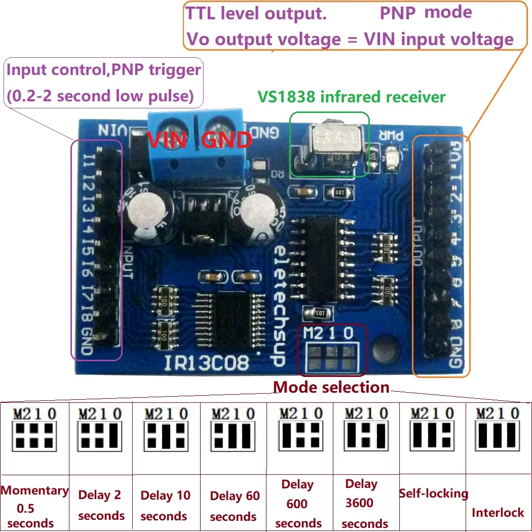 

DC 5V 12V Multi-function VS1838 IR infrared control Switch Module for 8 Channel Delay Self-locking Inter-locking Relay Diy Board