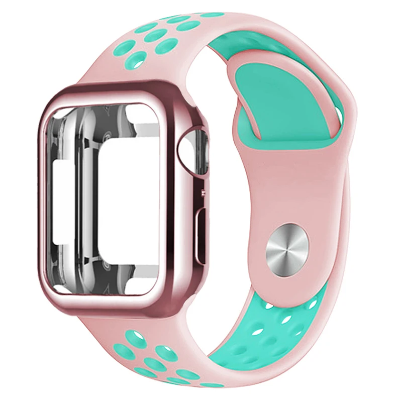 Силиконовый спортивный ремешок для часов+ чехол относится к apple watch 5 4 3 2 1 серии 38 мм/42 мм, ремешок для наручных часов iwatch, 40 мм 44 браслет наручные аксессуары - Цвет ремешка: Pink with green