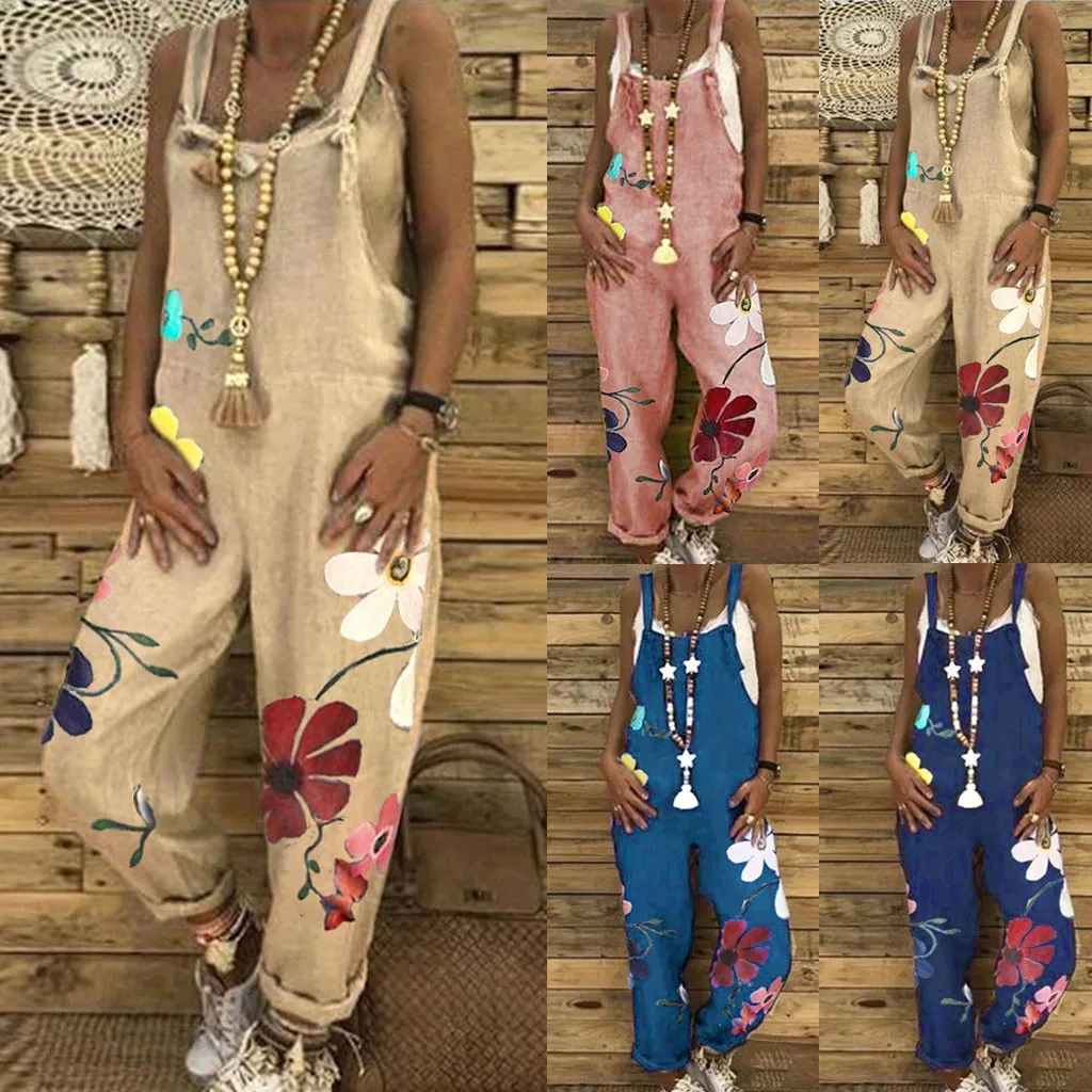 #40 de las mujeres de talla grande mono suelto Casual mono mameluco pantalones mono de la impresión Floral Sexy mujeres mameluco Combinaison