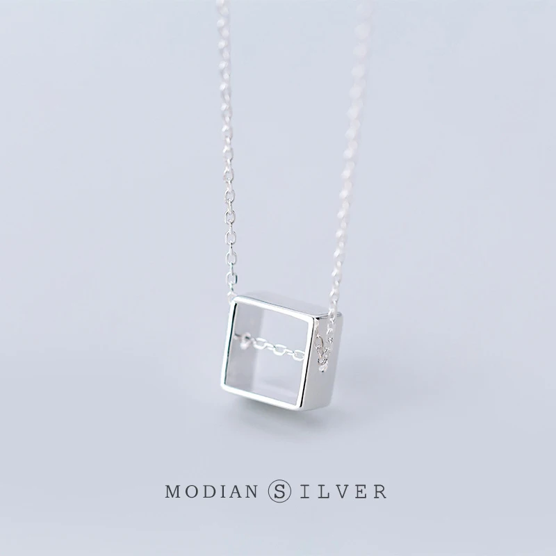 

Modian Simple Fashion Square Stereoscopic Cute Chain Necklace Pendants Real 925 Sterling Silver Fine Jewelry For Women & Girls