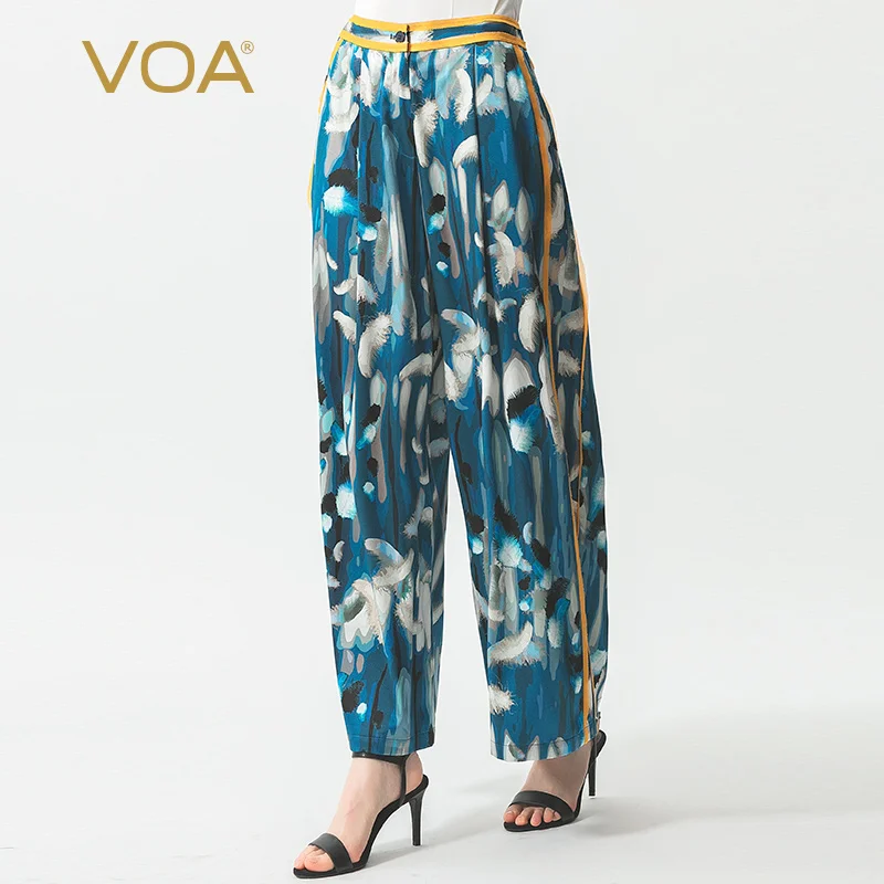 

VOA feather printed 28 mm satin silk heavy bright yellow collage micro-elastic skin-friendly simple casual wide leg pants K1128