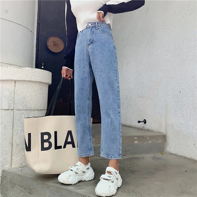 

S-XL 2019 autumn korean chic style women blue denim jeans womens Casual high waist straight jeans for women (Z8889)