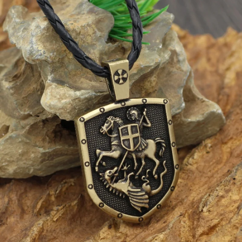 ST.George on Horse Kills Dragon Cross Medal Amulet Pendant Necklace Religious Vintage Talisman Chain Necklaces for Men | Украшения и