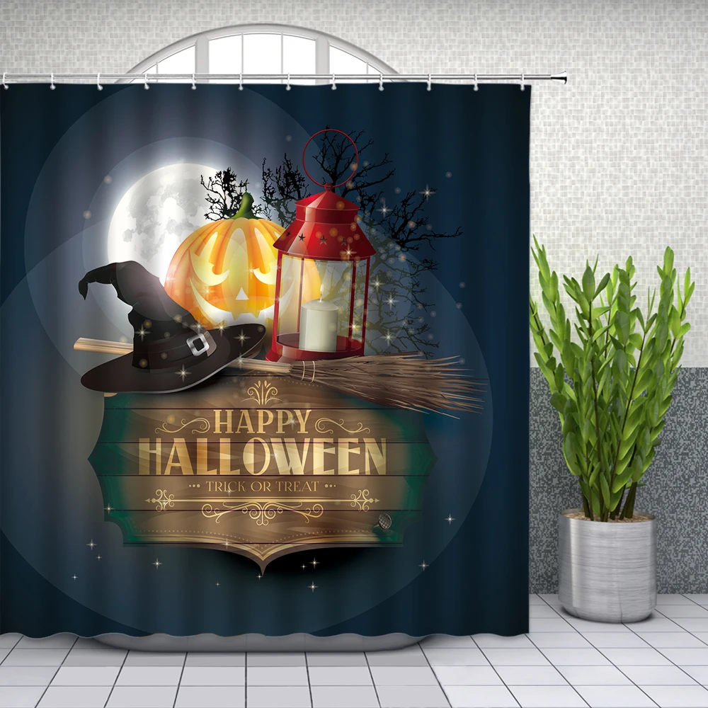 Halloween Witch Hat Broom Shower Curtain Liner Waterproof Fabric Bathroom  Hooks