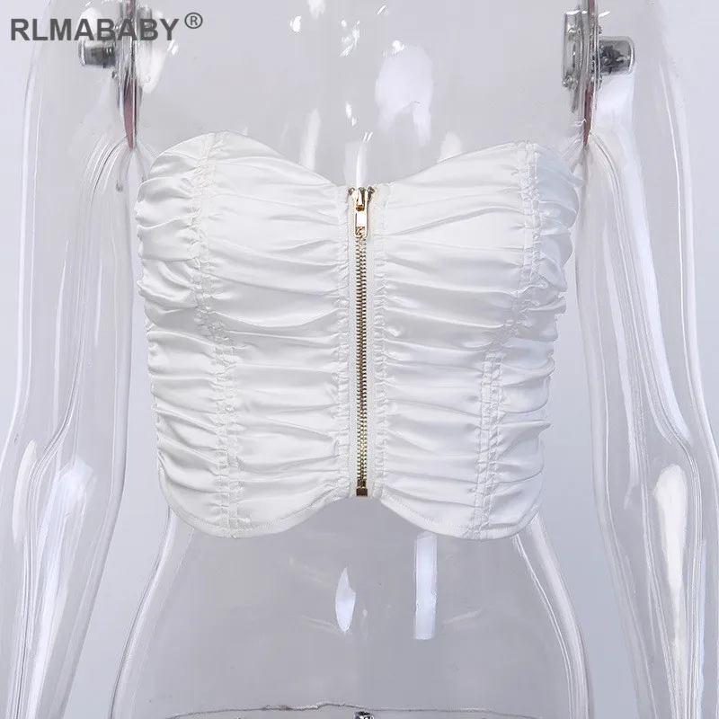 RLMABABY, белый, без бретелек, на молнии, с рюшами, сексуальный женский укороченный топ, повседневные женские летние топы, офисный женский короткий топ с открытыми плечами, топы Cub