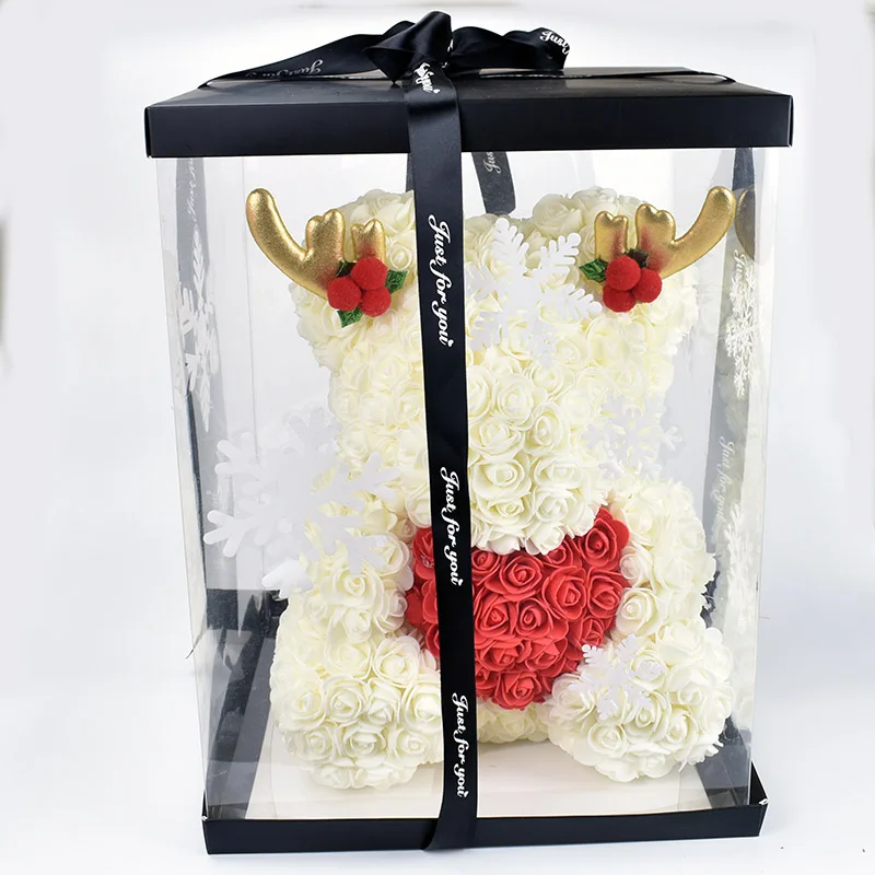 Рождественский подарок 40 см розовый медведь со шляпой рога в снежной подарочной коробке с бесплатной картой - Цвет: white with box