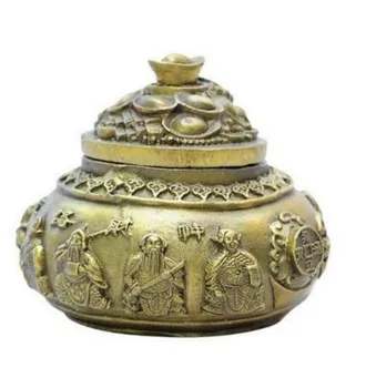 

YM Copper statue Chinese Folk Pure Bronze Wealth Treasure Bowl 5 Road Wealth God Mammon Statue Censer Blessing Tripod Cornucopia