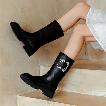 

Brand Design Great Quality 100% Genuine Leather Square Heels Crystals Slip On Riding Boot Winter Shoes Mid-Calf Women Boots
