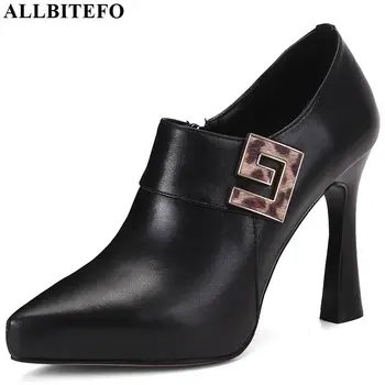 

ALLBITEFO high quality genuine leather women heels pointed toe high heel shoes Metal decoration high heels spring autumn