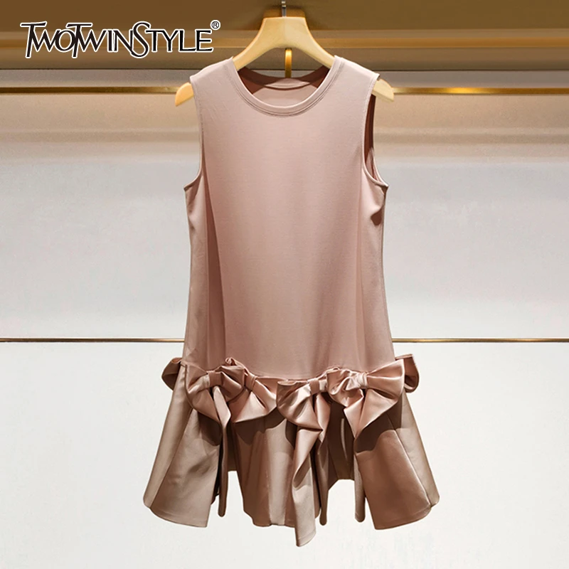 TWOTWINSTYLE Elegant Summer Dress Women O Neck Sleeveless High Waist Patchwork Bowknot Dresses Female 2020 Fashion Clothes Tide TWOTWINSTYLE Elegant Summer Dress Women O Neck Sleeveless High Waist Patchwork Bowknot Dresses Female 2020 Fashion Clothes Tide