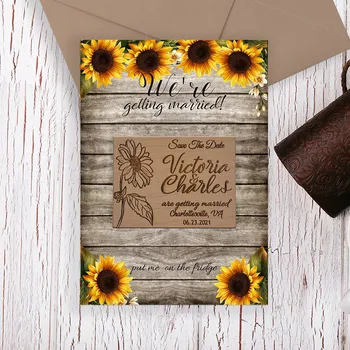 

Wedding Save The Date Magnets, custom Sunflower wood Magnet, rustic Autumn Invite with cards, Wedding Souvenirs, thank you gift