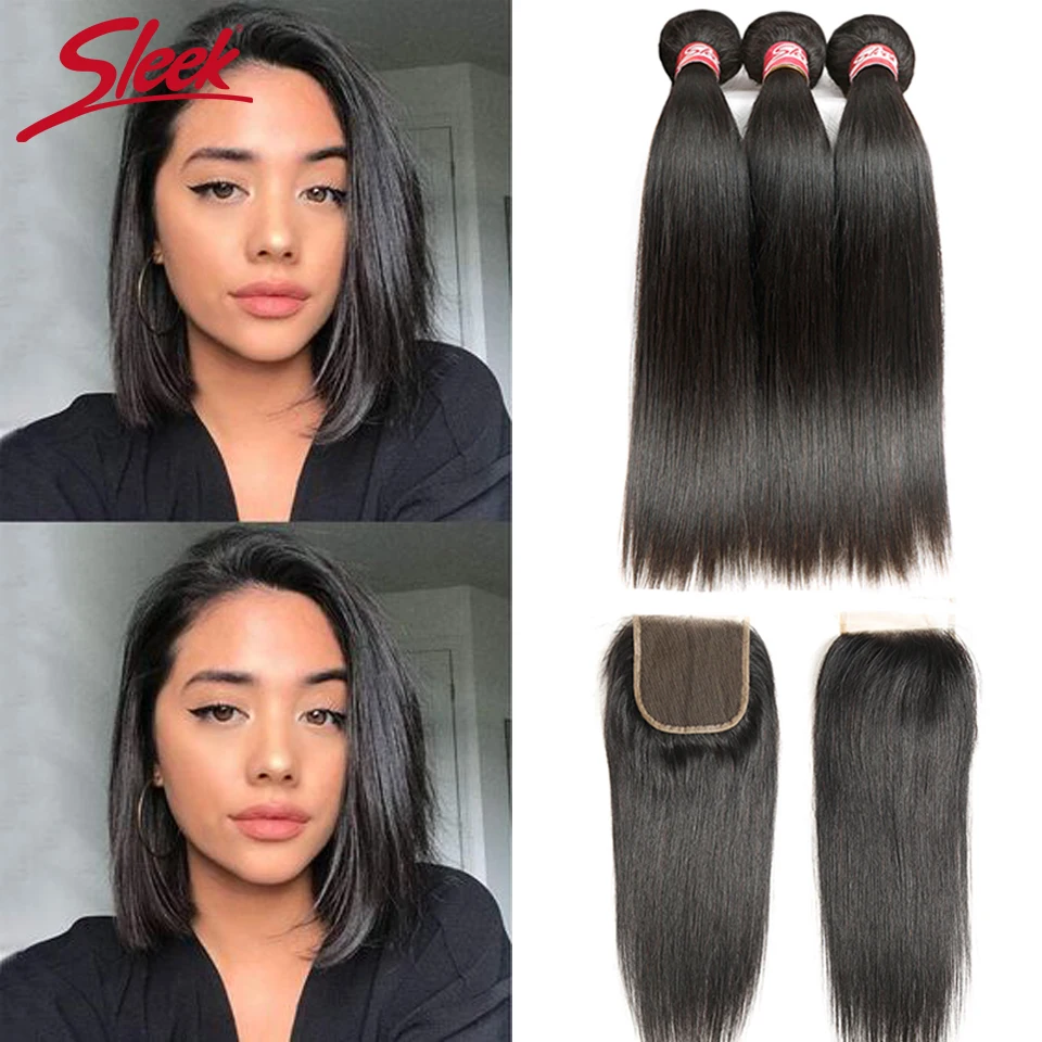 Sleek Brazilian Straight Hair Bundles With Closure Natural Color Short Hair  Weave Remy Human Hair 3 Bundles With Closure - AliExpress Hair Extensions &  Wigs