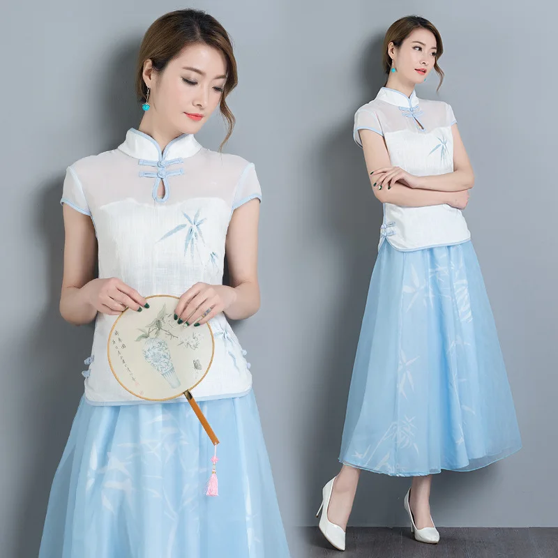 

2018 New Style Ethnic-Style Retro Two-Piece Printed Chinese Clothing Tops + Skirt Set Yj5059