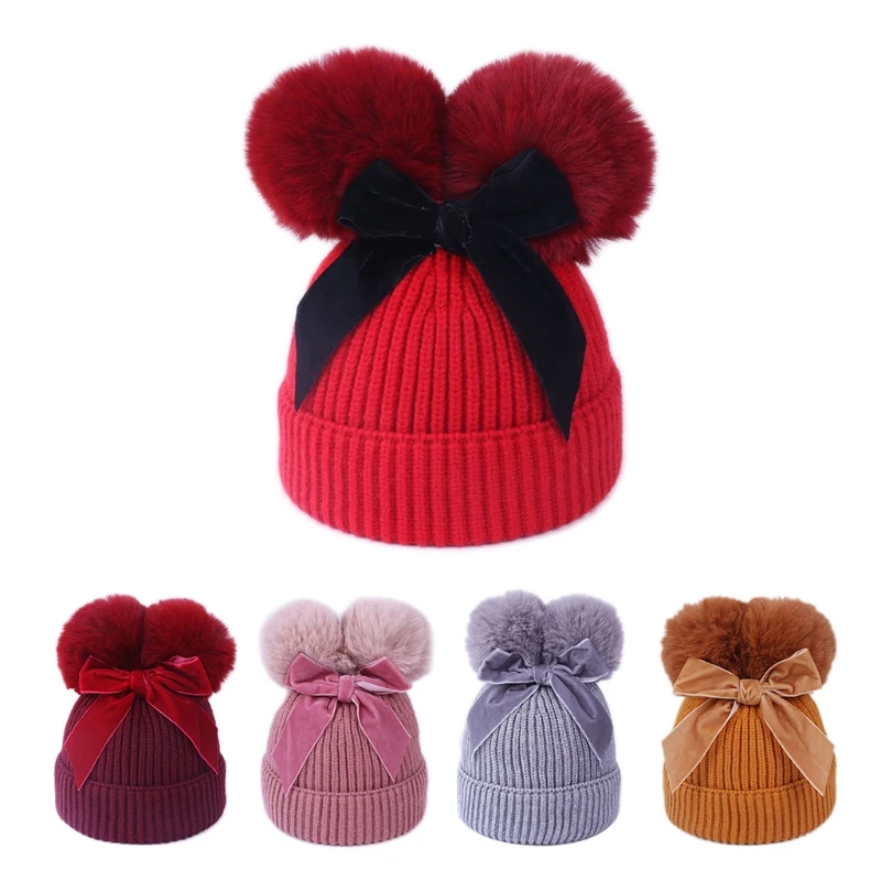 

Infant Toddler Baby Ribbed Knitted Woolen Beanie Hat Lovely Bowknot Double Pompom Winter Thicken Lined Cuffed Skull Cap Ear Warm