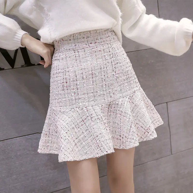 New Korean of High Waist Tweed Skirt with Button Wool Half length Black