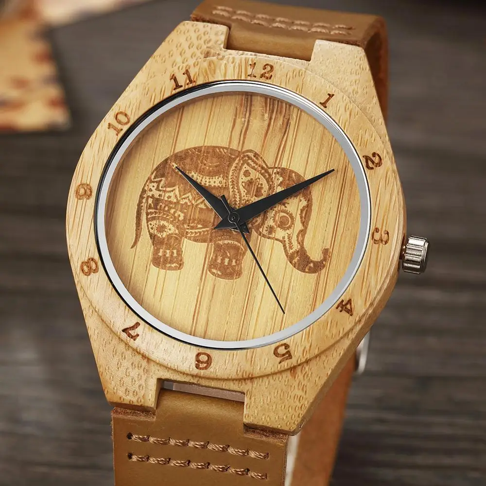 

REAL Wood Bamboo Wristwatch Men Wrist Quartz Cork Elephant Engraved Watches Genuine Leather Band Brown Wooden Watches Male Clock