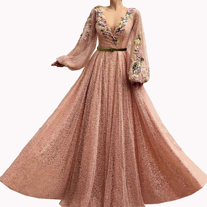 Long Sleeves Champagne Lace Evening Dress V Neck Arabic Custom Made Kaftan Saudi Formal Evening Party Dresses Prom