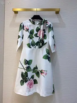 

2020 Women Fashion Dresses Flowers Print O-Neck Empire Midi White Casual High Quality Hot Sale Dress