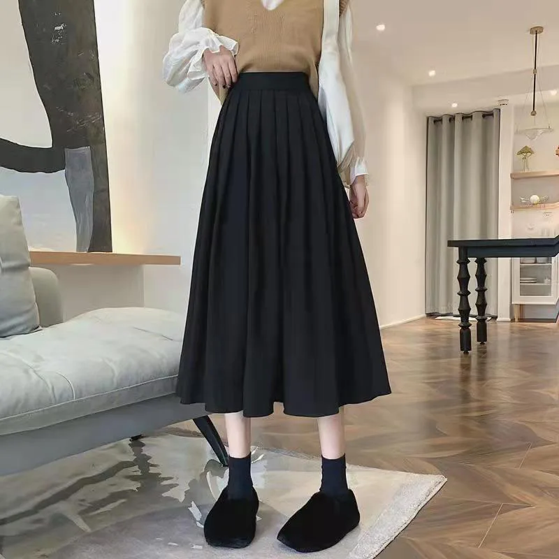 Lucyever Fashion High Waist Pleated Skirt Women Korean Elegant College Style Midi Skirt Ladies Autumn Winter Thick A-line Skirts pleated midi skirt