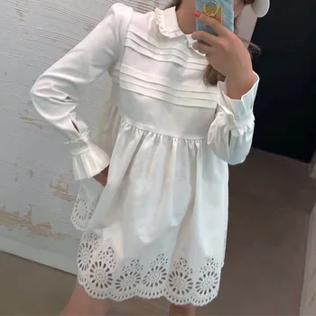 

2020 Lace Pleating Back Buckle Hollow Out Embroidery Skirt Pendulum Long Sleeve Dress 190580