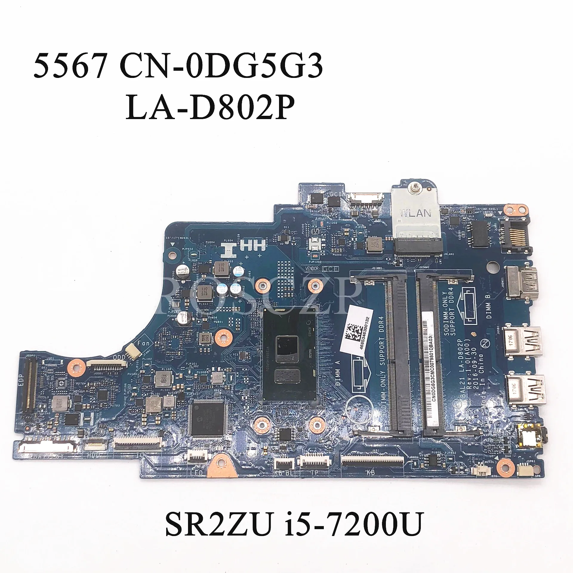Материнская плата для ноутбука DELL 5567 SR2ZU i5-7200U ЦП с CN-0DG5G3 0DG5G3 DG5G3 LA-D802P 100% хорошо