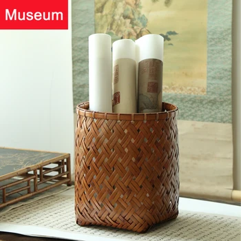 

Bamboo Weaving Basket Bamboo Basket Wastepaper Basket Chinese Style Study Garbage Basket Accept Basket Put Reel Picture Scroll