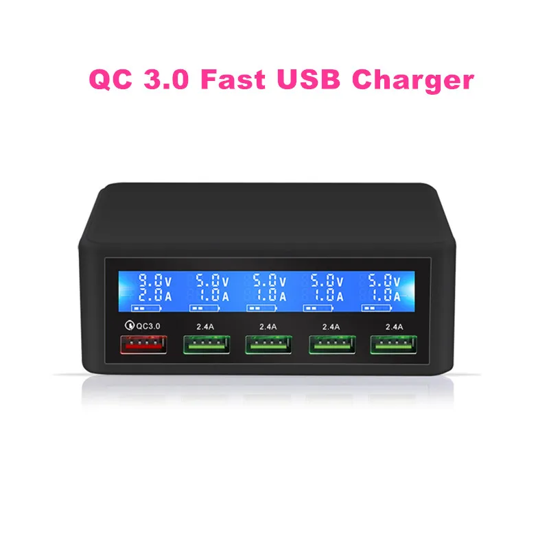 

Quick Charge 3.0 Multi 5 USB Charger for Samsung S10 S9 iPhone XS MAX XR 8 Fast Phone Charger LCD Display with wall charger