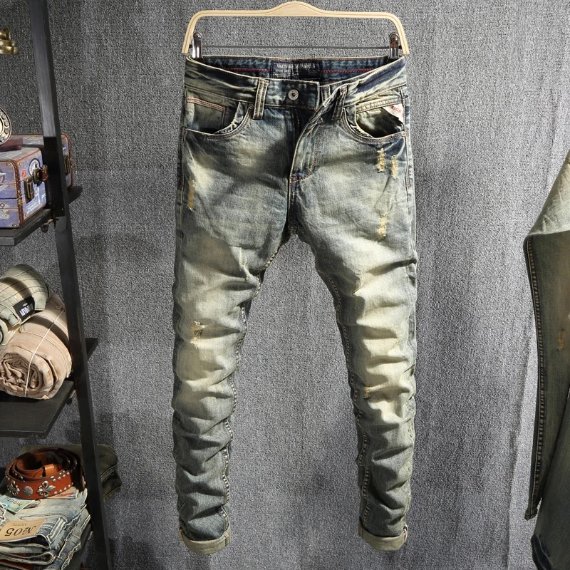 

Italian Style Fashion Men Jeans Retro Yellow Washed Slim Fit Ripped Jeans Men Hip Hop Pants Streetwear Vintage Designer Jeans