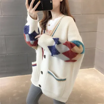 

Loose V-neck Knitted Cardigan Sweater Women Single-breasted Pockets Color Matching Lazy Wind Long Sweater Female Spring Autumn