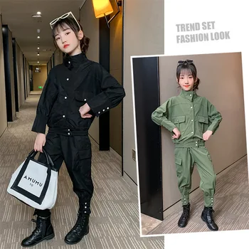 

Teen Girls Overalls Suit for Girls Clothing Autumn Long Sleeve Blouse Casual Cargo Pants Uniform Tracksuit Kids Clothes Set 12Y