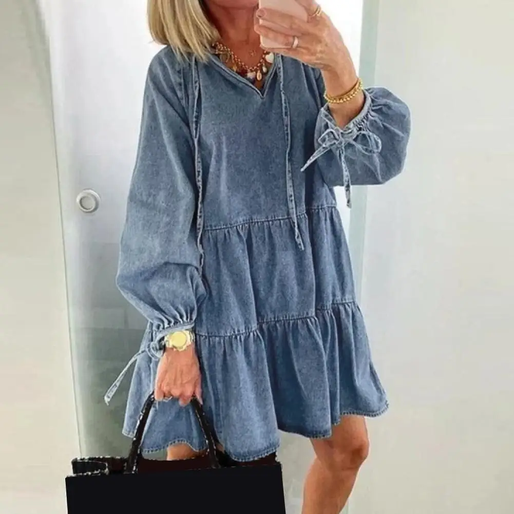 

Women Casual Solid Color V Neck Long Sleeve Lace Up Large Hem A Line Mini Dress Large hem dress makes you stand out hot sales!!