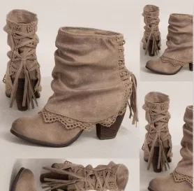 

Buckle Ankle Strap Sewing Solid Women Boots Round Toe High Casual Slip-On Vintage Boots Square Heel Ankle Winter Shoes