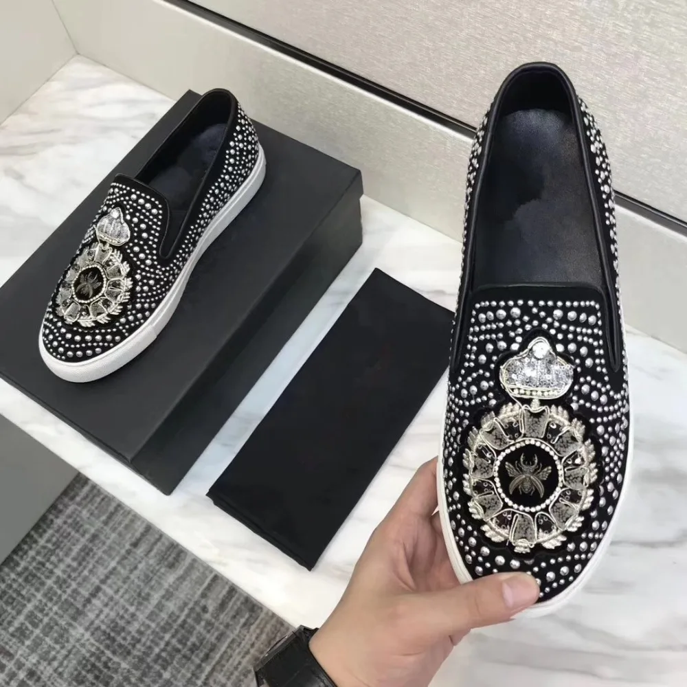 Men Handmade Diamond Rhinestones Spikes Genuine Leather Shoes