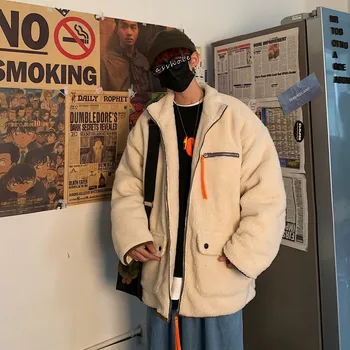 

Winter New Lambskin Jacket Men Warm Thick Fashion Parka Men Embroidery Casual Coat Street Wild Loose Short Cotton Jacket Male