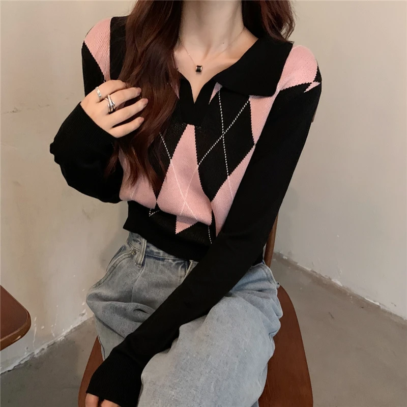 Ladies Sweaters Autumn Winter New Plaid Long Sleeve Top Loose POLO Collar Sweater Women Knitted Pullover Pull Femme luxe Fashion ugly christmas sweater