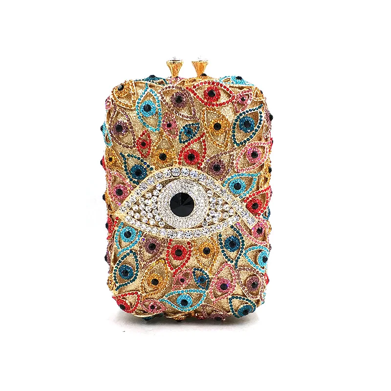 New women evening party big evil eye diamonds luxury clutches vintage pattern crystal phone bag Bridal wedding party purses